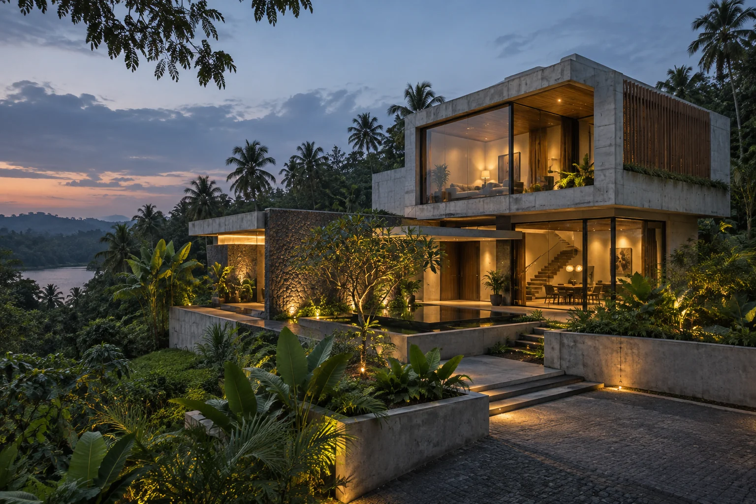 Contemporary concrete home surrounded by tropical Kerala greenery